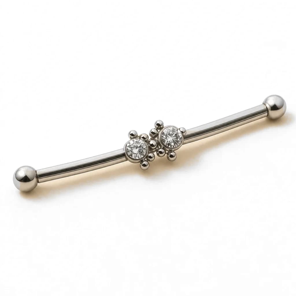 Industrial-Barbell, Kugeln + 2 Kristalle, Silber mit klarem Kristall