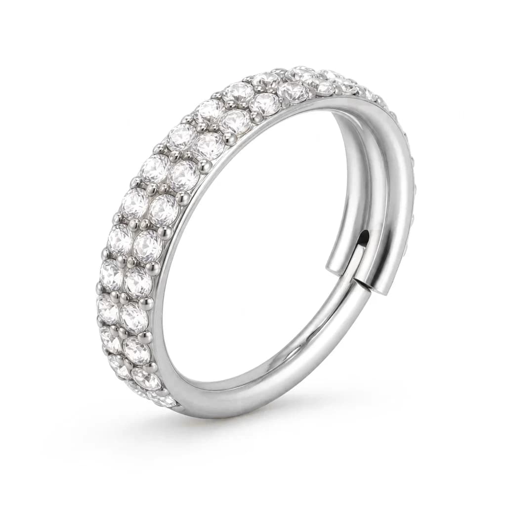 Clicker-Ring, 2 Reihen Kristalle, Silber mit klarem Kristall