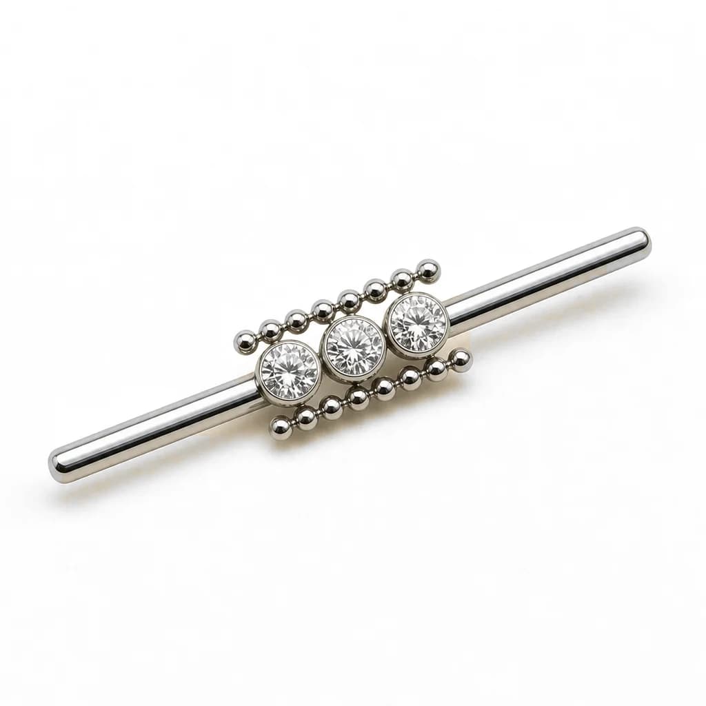 Industrial-Barbell, Kugeln und 3 Kristalle, Silber mit klarem Kristall
