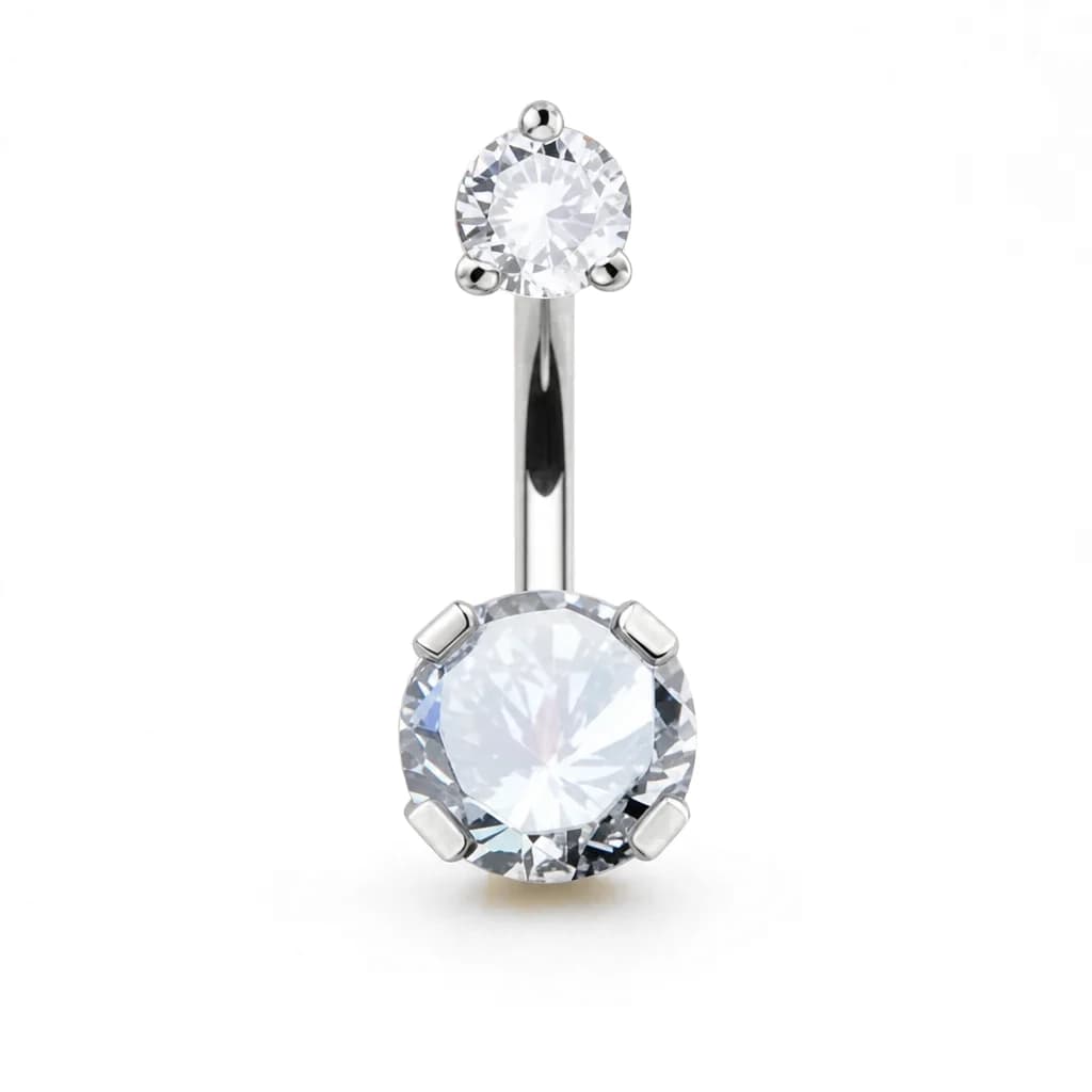 Bauchnabelpiercing, 2 runde Kristalle, Silber mit klarem Kristall