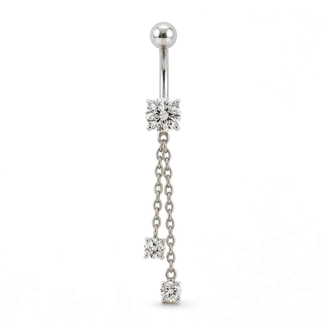 Bauchnabelpiercing, 2 Kristalle am Kettchen, Silber mit klarem Kristall