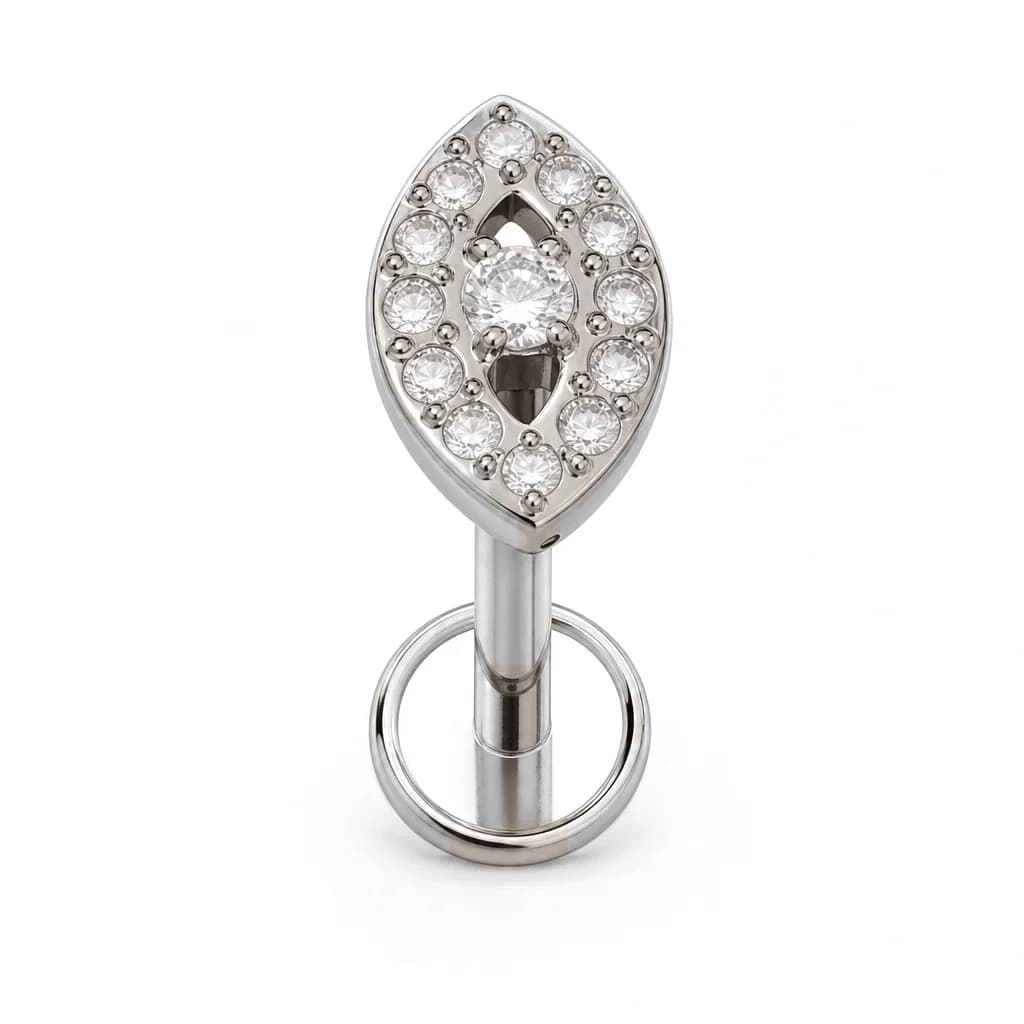 Labret mit Innengewinde, Kristallauge, Silber mit klarem Kristall