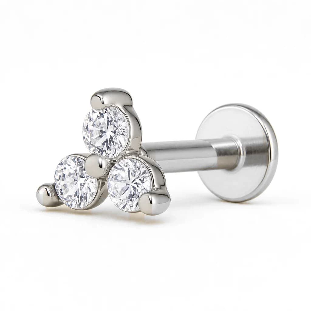 Labret mit Innengewinde, Zirkonia-Trio, Silber mit klarem Kristall