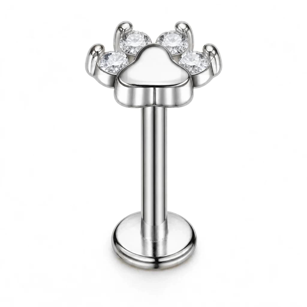 Labret mit Innengewinde, Pfote mit Zirkonia, Silber mit klarem Kristall