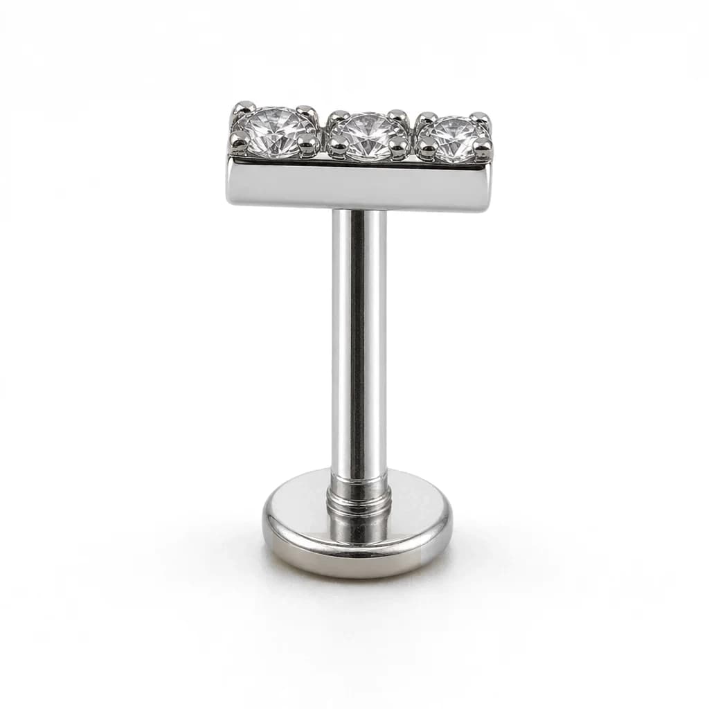 Labret mit Innengewinde, 3 Kristalle in Reihe, Silber mit klarem Kristall