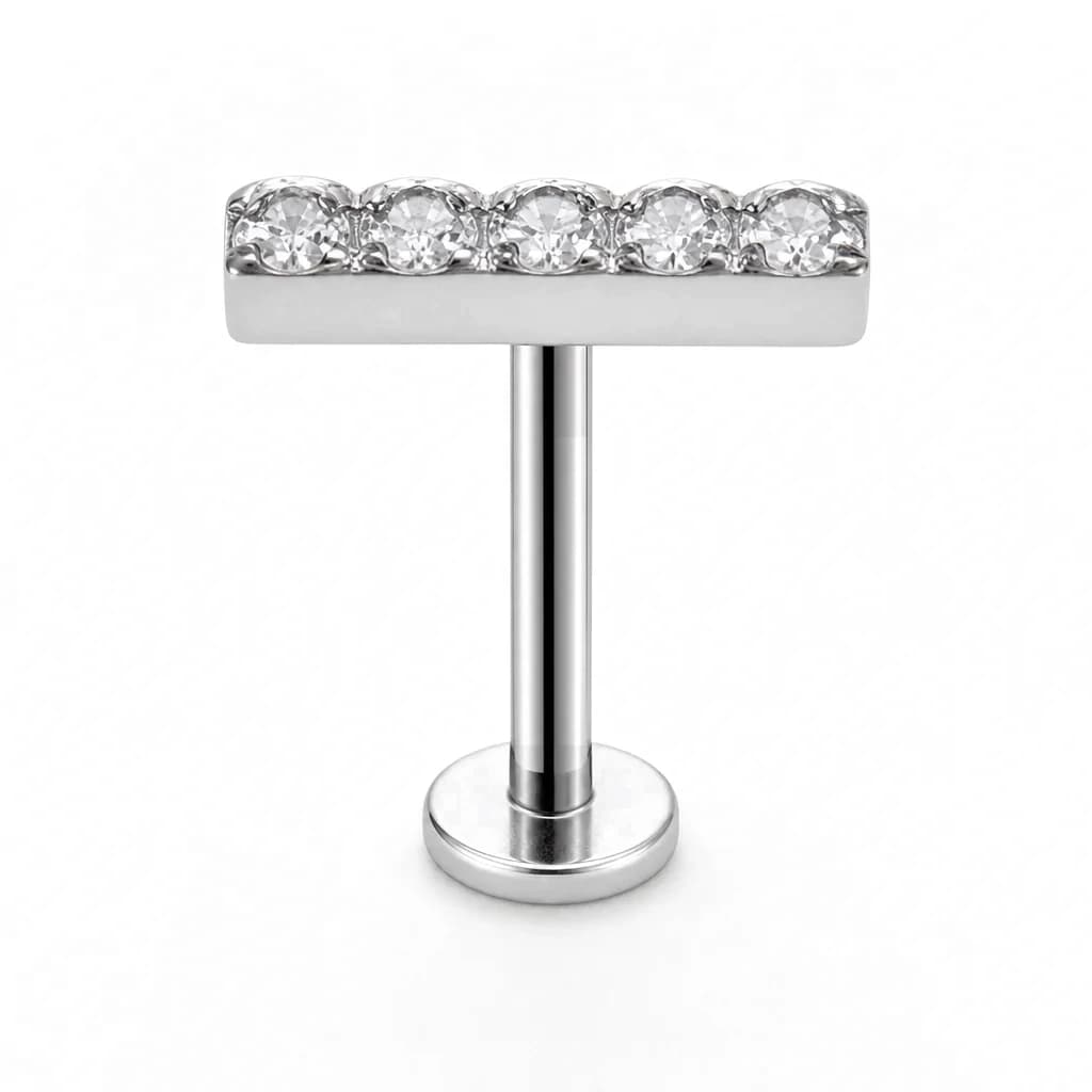 Labret mit Innengewinde, 5 Kristalle in Reihe, Silber mit klarem Kristall