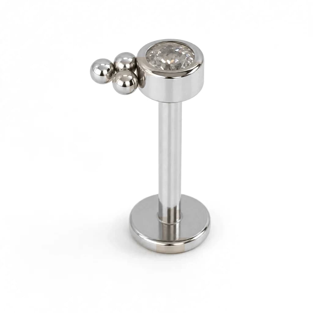 Labret mit Innengewinde, Kristall + 3 Kugeln, Silber mit klarem Kristall