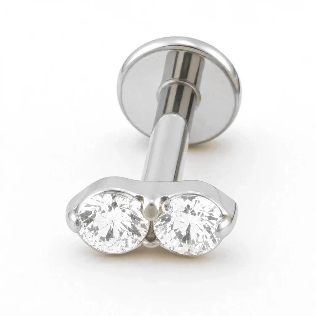 Labret mit Innengewinde, 2 kleine Kristalle, Silber mit klarem Kristall
