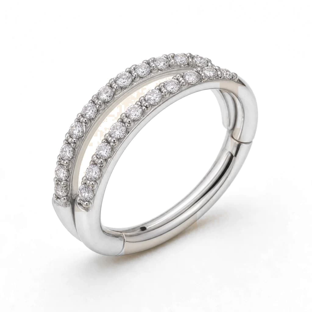 Doppelter Clicker-Ring mit Kristallen, Silber mit klarem Kristall