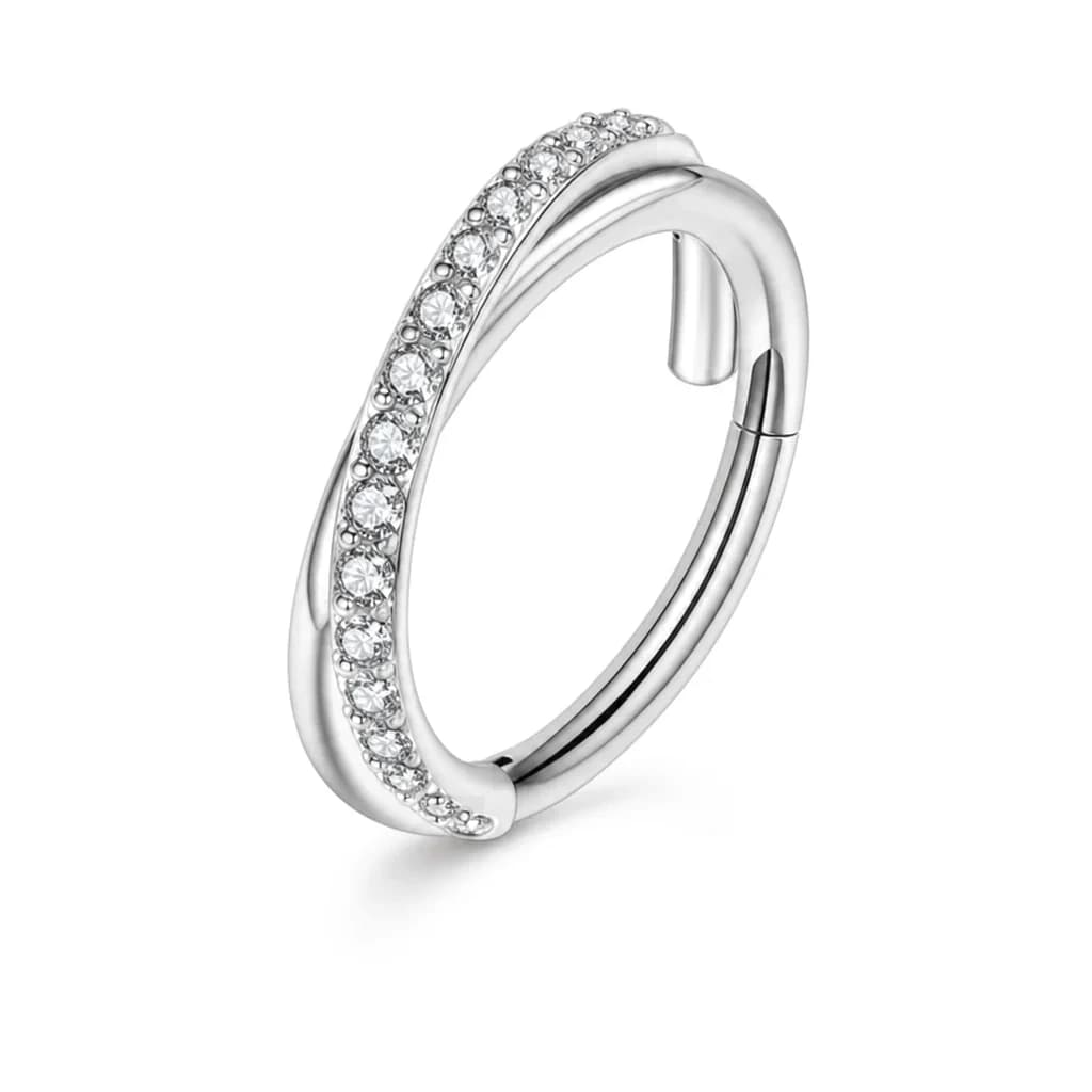 Clicker-Ring, zwei gekreuzte Kristallringe, Silber mit klarem Kristall