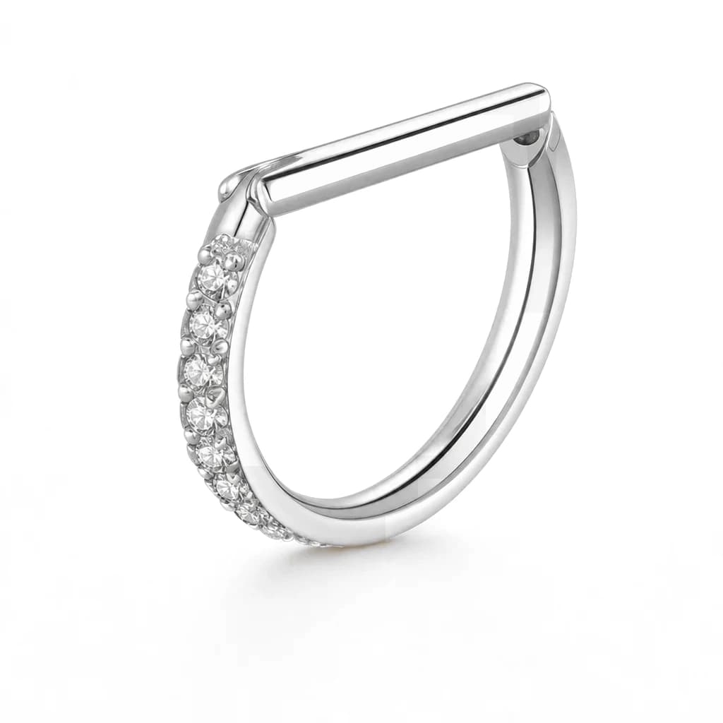 Clicker-Ring in D-Form mit Kristallen, Silber mit klarem Kristall