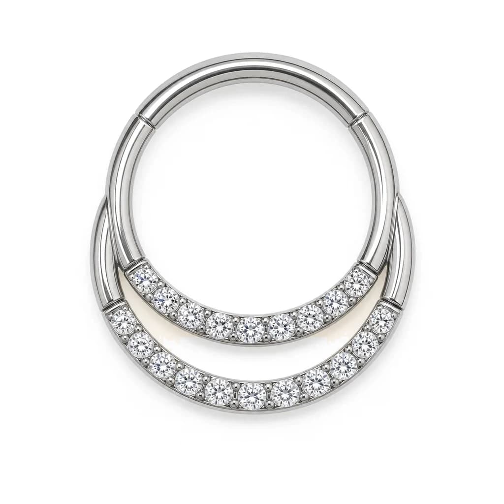 Clicker-Ring, zwei Kristalle nach vorn, Silber mit klarem Kristall