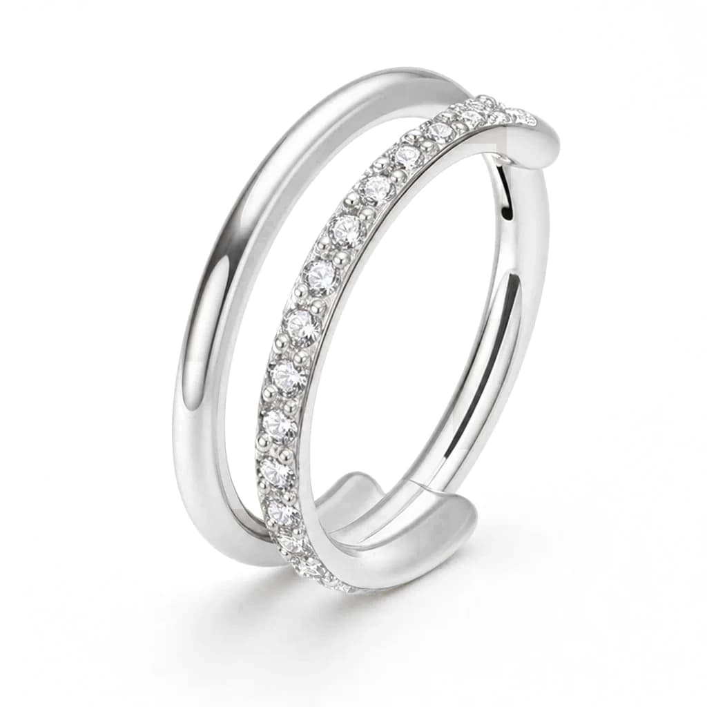 Clicker-Ring, 2 Reihen, eine mit Kristallen, Silber mit klarem Kristall