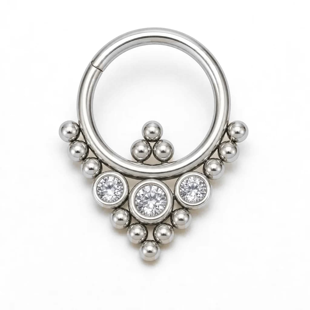 Clicker-Ring, 3 Kristalle und Kügelchen, Silber mit klarem Kristall