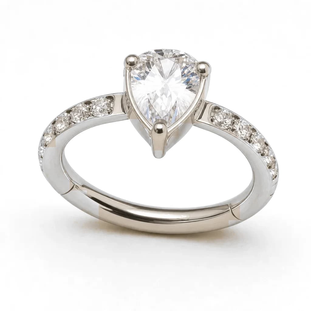 Clicker-Ring, mittiger Tropfenkristall, Silber mit klarem Kristall