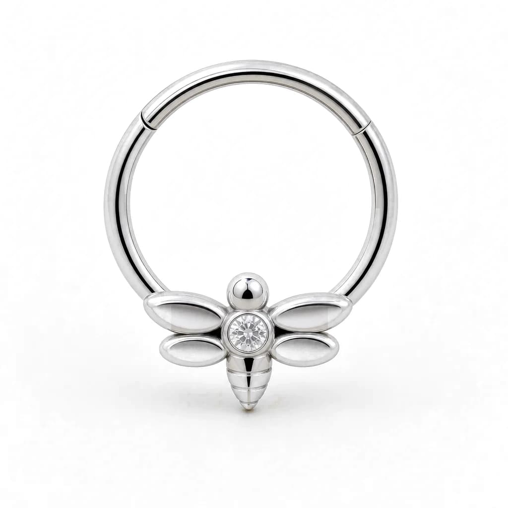 Clicker-Ring Libelle mit Kristall, Silber mit klarem Kristall
