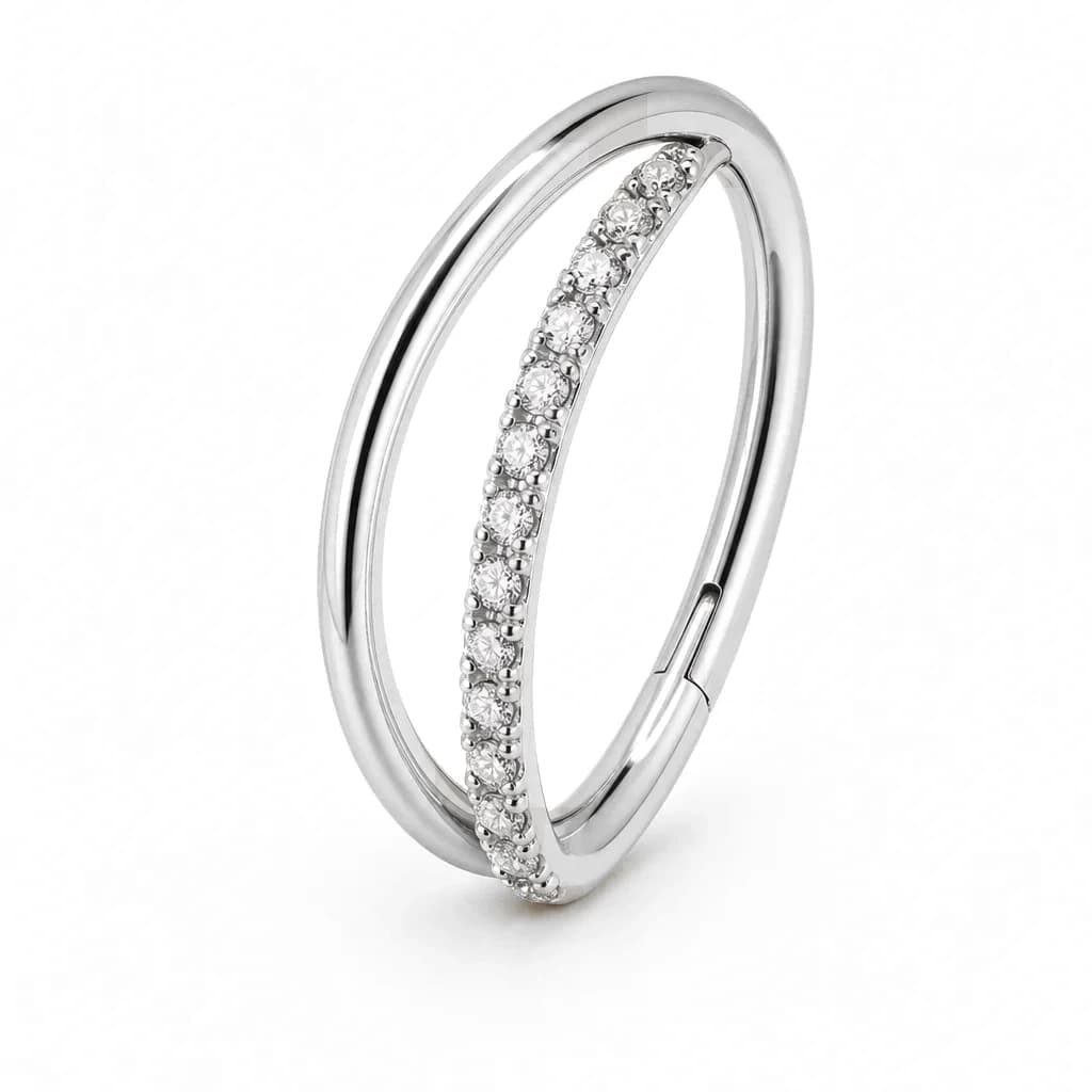 Clicker-Ring, 2 Reihen mit Kristallen, Silber mit klarem Kristall
